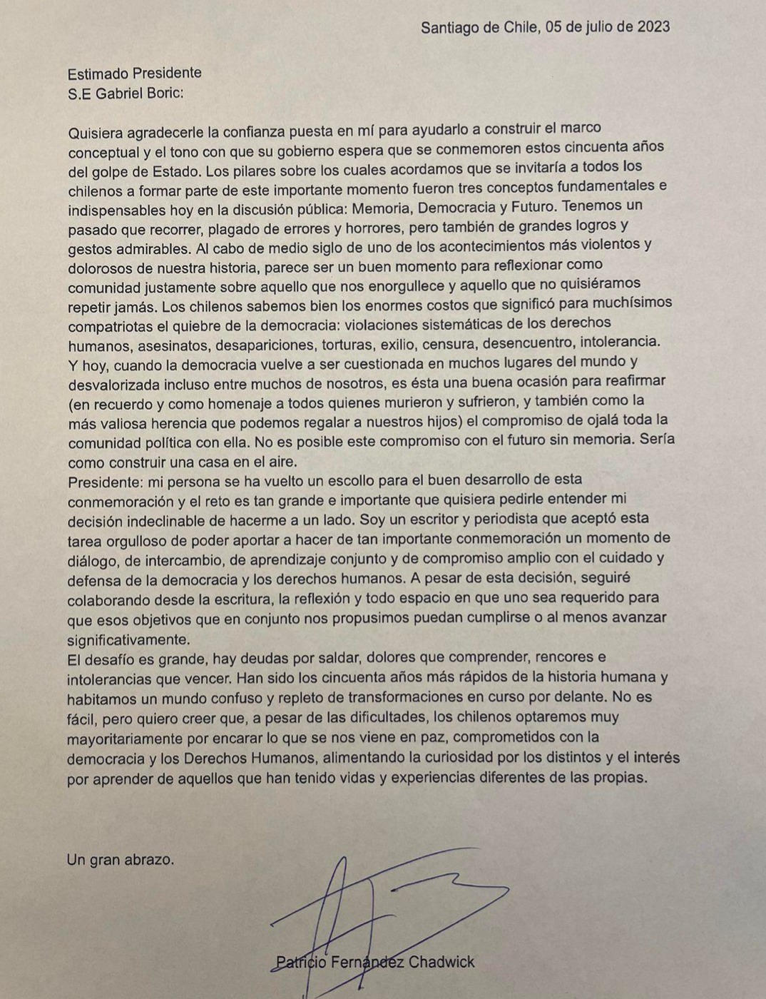 Carta enviada por Patricio Fernández al presidente Gabriel Boric.