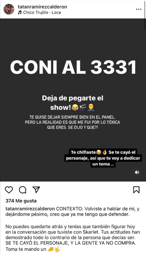 Seba Ramírez arremetió contra Coni Capelli en eliminado post de Instagram. Fuente: Instagram.
